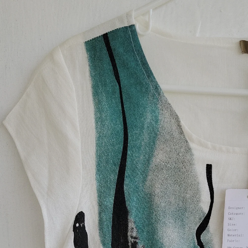 VEINFUNS Stylish White Dress Midi Linen And Cotton Short Sleeve Artsy Boho L - Picture 6 of 9